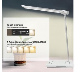책상 램프 디밍이 가능한 테이블 램프 접이식 독서용 램프 USB 충전 포트가 있는 이중 스윙 암 책상 조명, 5가지 조명 모드, 터치 제어, 자동 꺼짐 타이머, 작업/연구/공예를 위한 눈 배려 LED 책상 램프