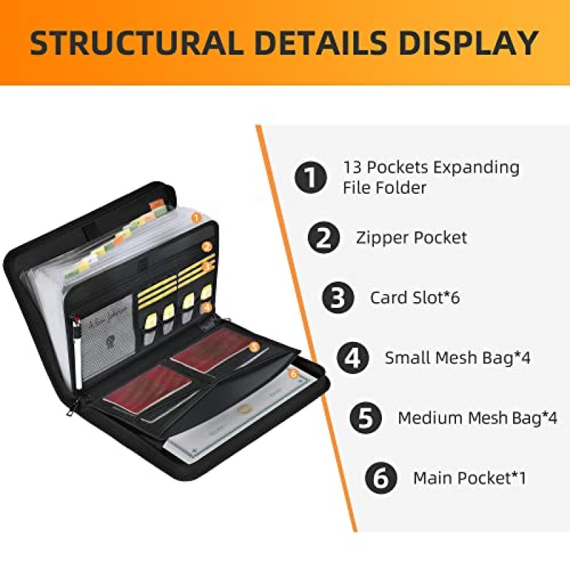 JUNDUN 아코디언 파일 정리 - 지퍼 및 라벨이 있는 방화 아코디언 폴더 - 12 포켓 확장 파일 폴더(멀티 포켓 포함) Letter A4 파일용 종이 정리 폴더 | 영수증 및 기타