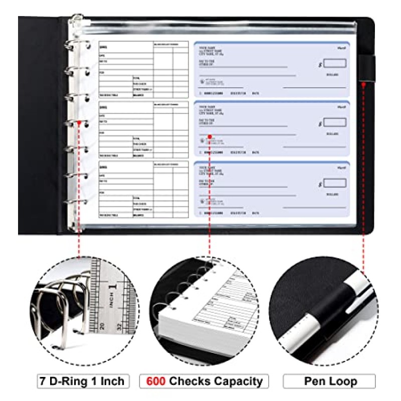 비즈니스 수표용 7 링 체크 바인더 지퍼 파우치가 있는 1인치, 9 x 13인치 시트용 600 수표 용량, 프리미엄 Pu 가죽 블랙 비즈니스 수표 책 바인더 7개 링 수표용 7홀, 사무용품