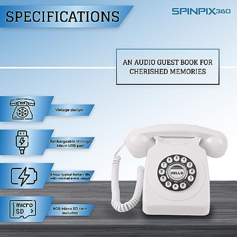 결혼식을 위한 Spinpix360 오디오 방명록 - 방명록으로 맞춤형 오디오 메시지 녹음 - 특별한 날을 보존하는 개인적이고 편리한 방법(흰색)