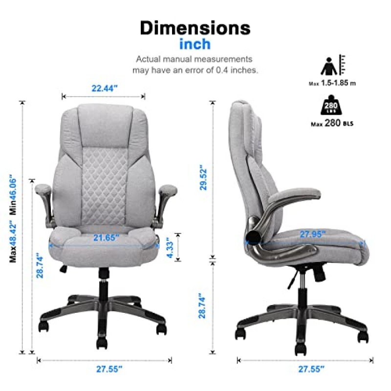 바퀴가 달린 REFICCER 회색 중역 사무실 의자, 패브릭 90-120° 흔들이 관리용 의자, 플립업 암과 높이 조절 기능이 있는 인체공학적 하이백 회전 홈 데스크 의자