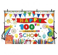 MEHOFOND 7x5ft 행복한 100일 학교 파티 배경 학교 장식 배너 사진 배경 100일 어린이 학생 유치원 유치원 초등 학교 파티 용품(흰색)