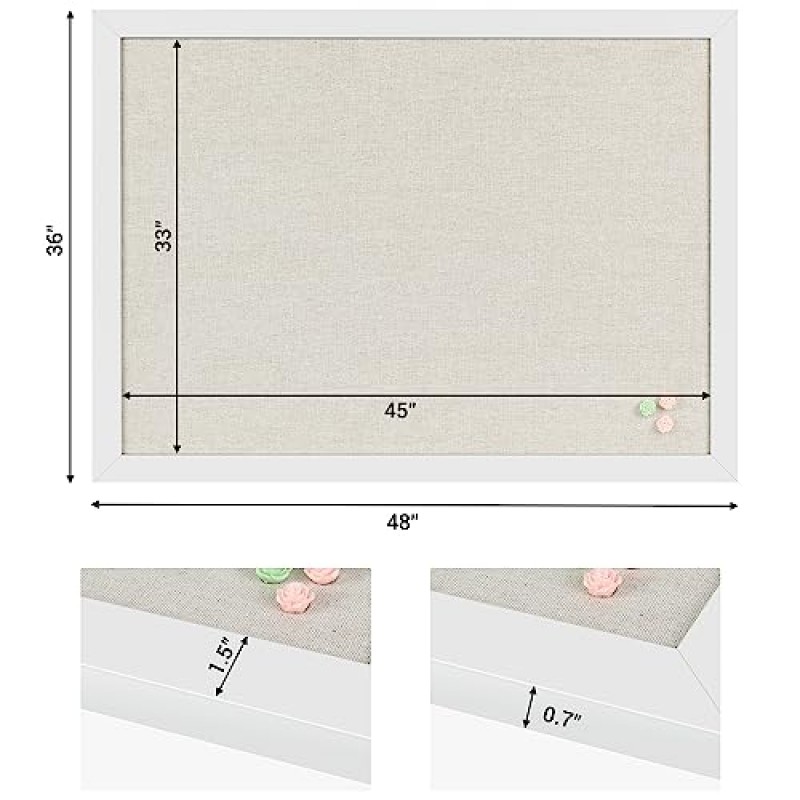 Board2by 농가 리넨 코르크 게시판 48 x 36, 흰색 나무 프레임 4 x 3 코르크보드, 벽 장식용 사무실 보드, 학교, 가정 및 사무실용 압정 20개가 있는 대형 핀 보드 사진 보드