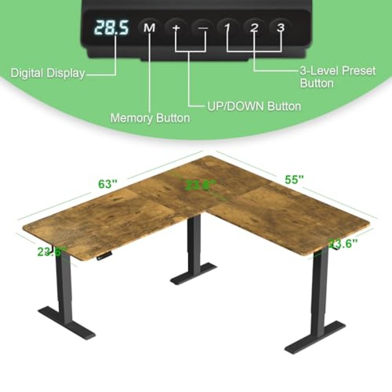 ExaDesk 업그레이드 버전 63*55 인치 L 모양의 전기 조절 가능한 높이 스탠딩 데스크, 코너 스탠드 업 데스크, 게임용 사무실 용 스탠드 컴퓨터 L 데스크