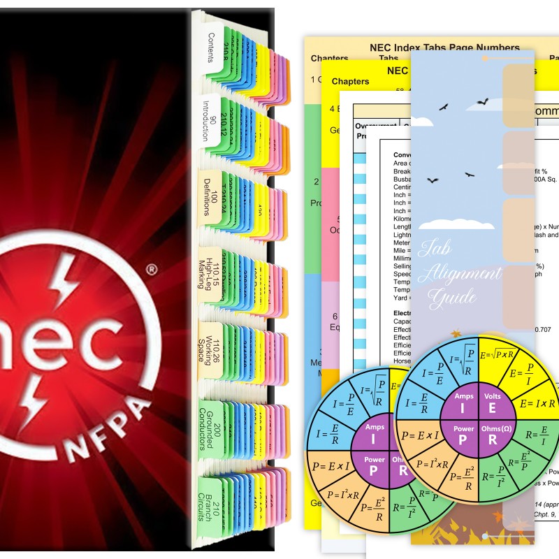 2020 NEC 탭(책은 포함되지 않음), NFPA 70 시험 테스트용 국가 전기 코드 책 탭, 와이어 차트가 포함된 탭 140개 및 2옴의 법칙 스티커
