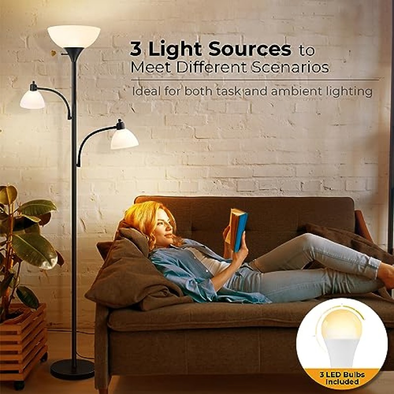 Isloys Led 플로어 램프, Torchiere 밝은 검정색 플로어 램프(독서용 램프 2개 포함), 거실 침실 사무실용 Led 높이 스탠딩 폴 램프, 3방향 스위치, LED 전구 3개 포함