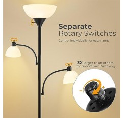 Isloys Led 플로어 램프, Torchiere 밝은 검정색 플로어 램프(독서용 램프 2개 포함), 거실 침실 사무실용 Led 높이 스탠딩 폴 램프, 3방향 스위치, LED 전구 3개 포함
