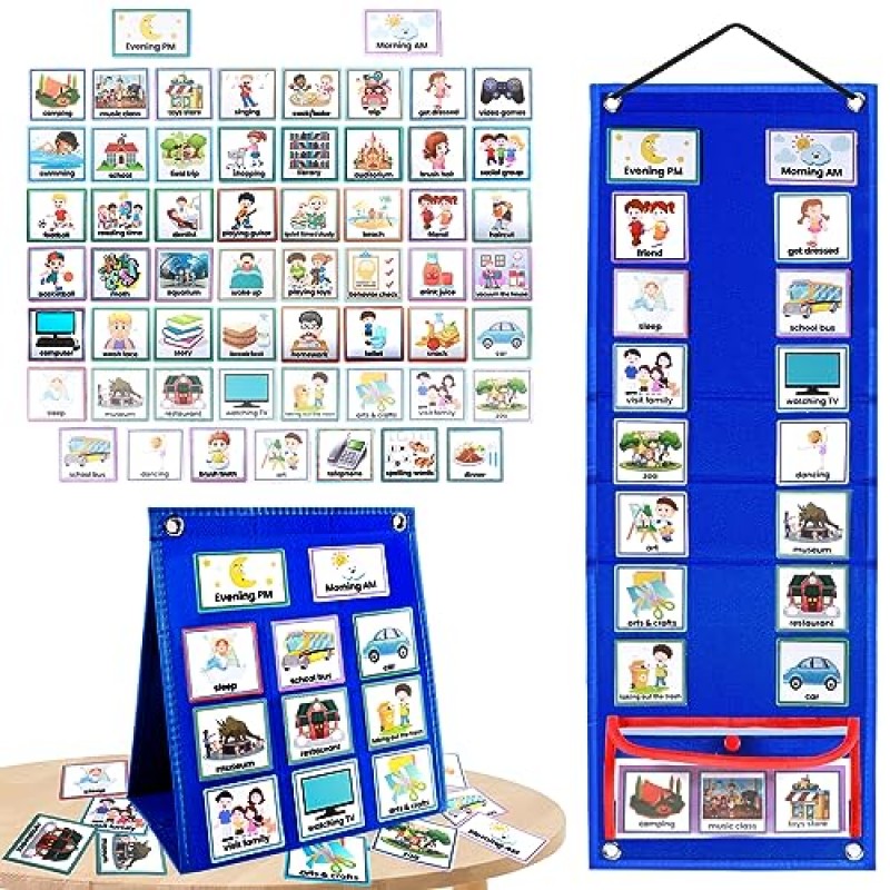 어린이 자질구레한 차트를 위한 PITCOTT 시각적 일정, 유아를 위한 3 in 1 일일 일정 보드 루틴 포켓 차트 카드, 자폐증 학습 자료 도구 홈 스쿨용 월 플래너(70개 카드 포함)