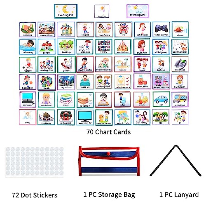 어린이 자질구레한 차트를 위한 PITCOTT 시각적 일정, 유아를 위한 3 in 1 일일 일정 보드 루틴 포켓 차트 카드, 자폐증 학습 자료 도구 홈 스쿨용 월 플래너(70개 카드 포함)