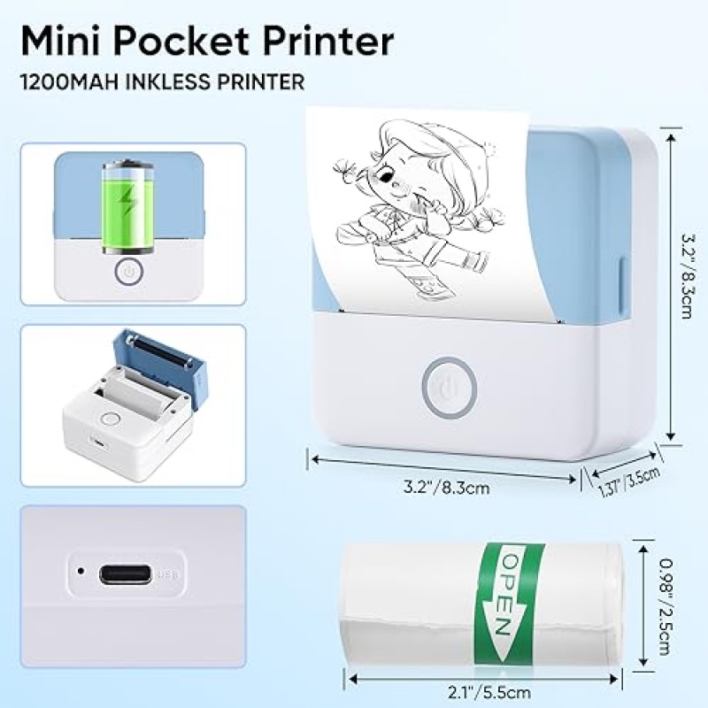 VENOAL 미니 프린터, 잉크리스 스티커 프린터, 미니 포켓 프린터, 소형 프린터스티커 프린터, 학습 지원을 위해 iOS + Android와 호환, 학습 노트, 메모, 재미, 작업, 저널