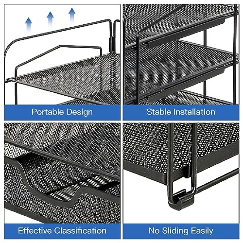 LUCYCAZ 메쉬 데스크 정리함 - 서랍이 있는 파일 정리함, 4단 편지 트레이 종이 정리함, 사무용품용 메쉬 데스크탑 정리함 보관함, 검정색