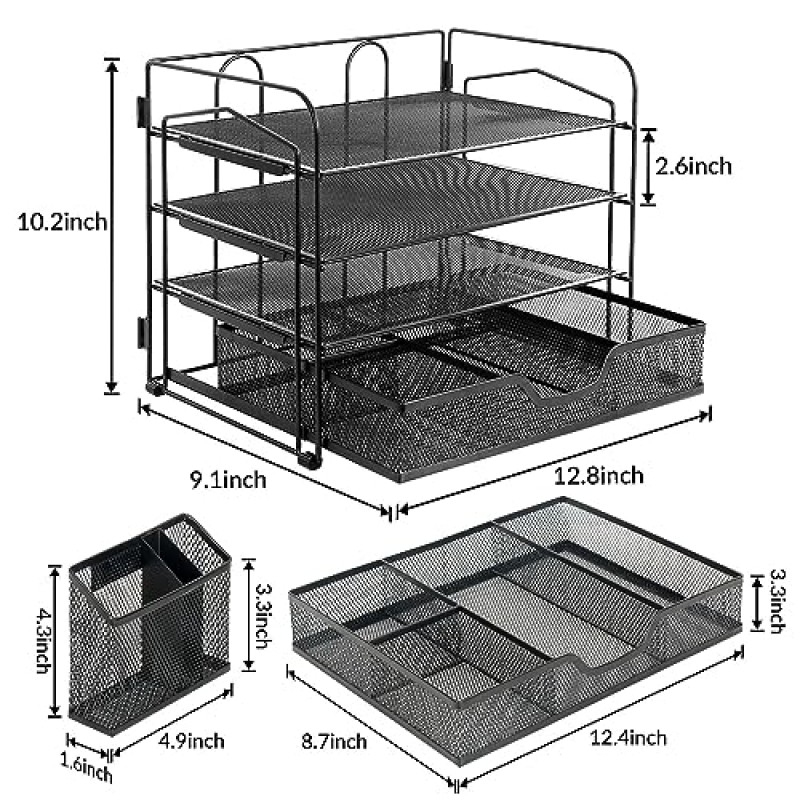 LUCYCAZ 메쉬 데스크 정리함 - 서랍이 있는 파일 정리함, 4단 편지 트레이 종이 정리함, 사무용품용 메쉬 데스크탑 정리함 보관함, 검정색