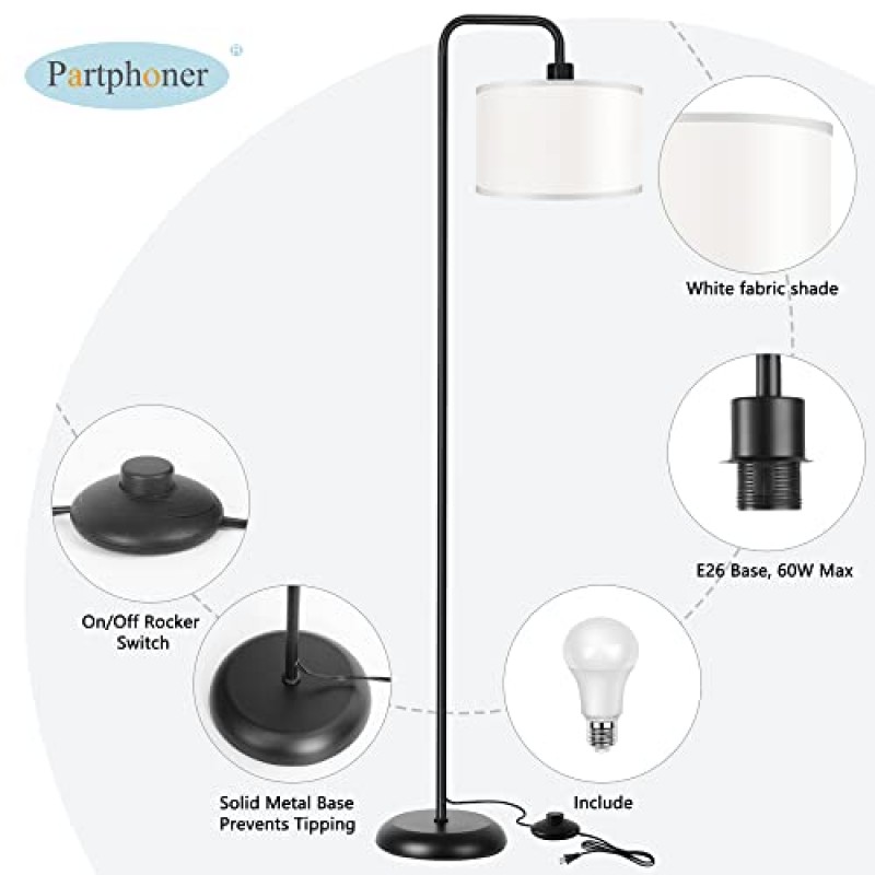 PARTPHONER 거실용 LED 플로어 램프, 2개의 걸이형 갓이 있는 현대적인 스탠딩 램프(화이트/오트밀), 풋 스위치가 있는 클래식 스탠딩 램프 거실 침실용 심플한 기본 플로어 램프(검은색)