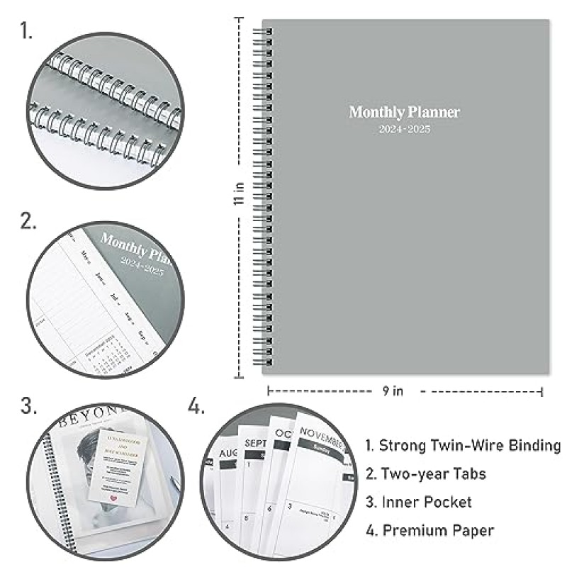 2024-2025 월간 플래너/캘린더 - 월간 플래너 2024-2025(2년 월간 탭 포함), 2024년 1월~2025년 12월, 9' × 11', 유연한 커버가 있는 2년 월간 플래너, 내부 포켓, 조직에 적합
