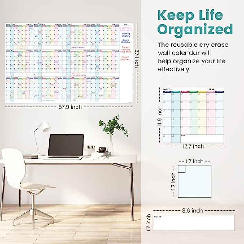 벽용 대형 건식 지우기 달력 - 연간 벽걸이 달력 건식 지우기, 57.9