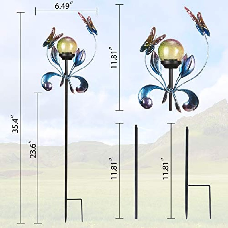VCUTEKA 태양 광 조명 야외 금속 정원 스테이크 방수 Crackle 유리 글로브 정원 장식 나비 통로, 잔디, 파티오, 마당