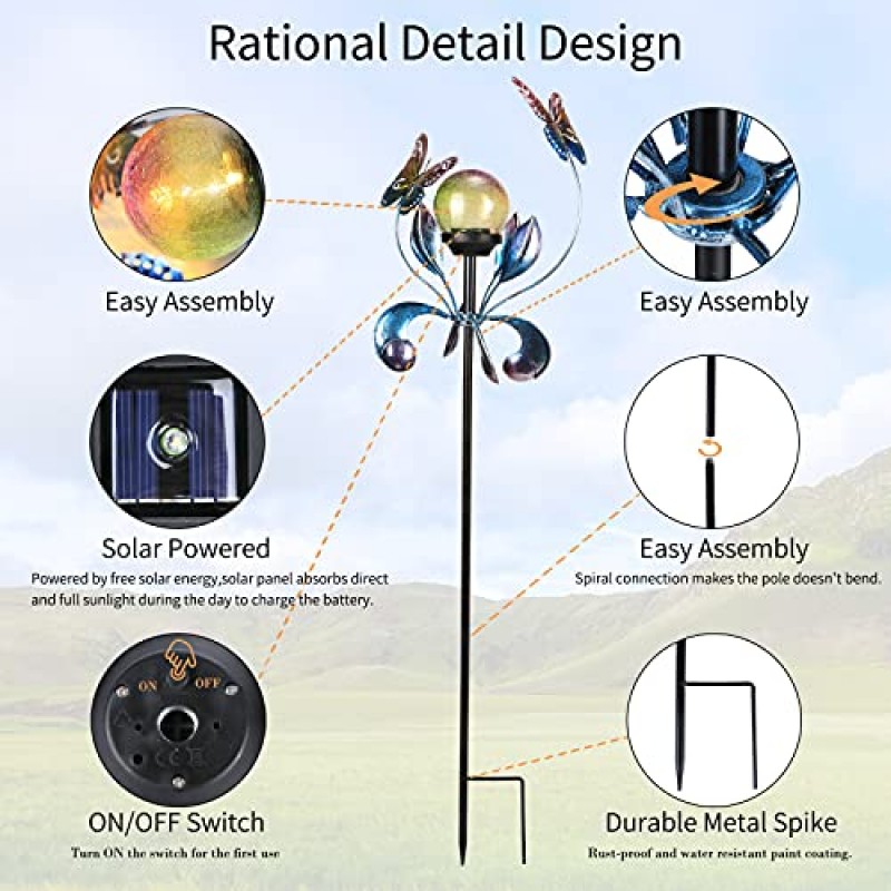 VCUTEKA 태양 광 조명 야외 금속 정원 스테이크 방수 Crackle 유리 글로브 정원 장식 나비 통로, 잔디, 파티오, 마당