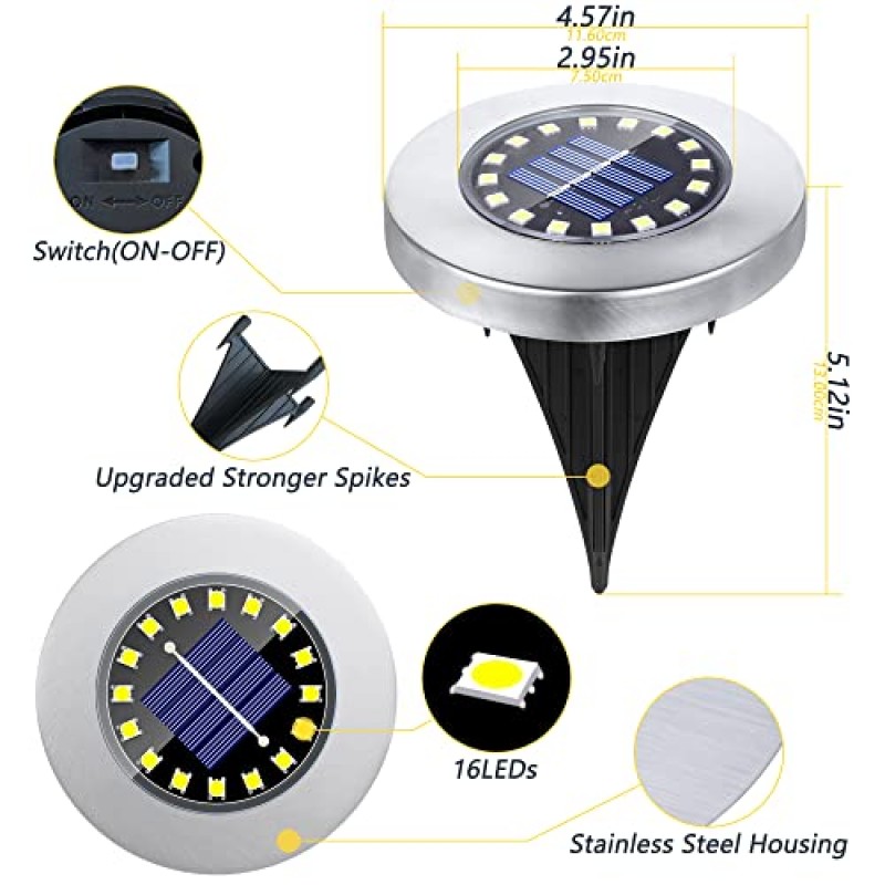 TenFen 12 팩 태양광 지상 조명, 방수 16LED 정원 업그레이드된 통로, 마당, 잔디밭, 파티오, 계단, 산책로(백색광)용 야외 조경 조명