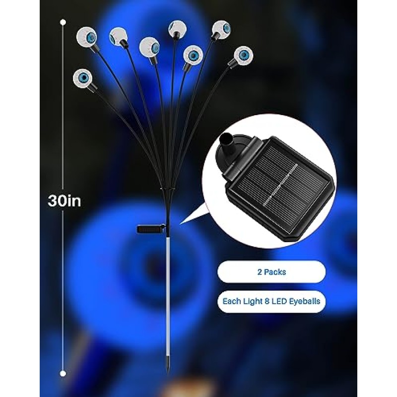 CRILEAL 할로윈 장식 야외, 2팩 무서운 안구 태양광 조명, 16LED 흔들리는 태양광 정원 조명 방수, 할로윈 태양광 통로 조명 마당/파티오/잔디/차도/파티 장식, 블루