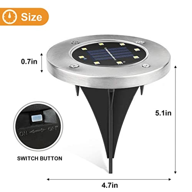 4팩 태양광 지상 조명, 8개 LED 방수 지상 조명 태양광 정원 조명 파티오 디스크 조명 잔디밭, 파티오, 통로, 마당, 데크, 진입로, 산책로(따뜻한 흰색)를 위한 태양광 야외 조경 조명