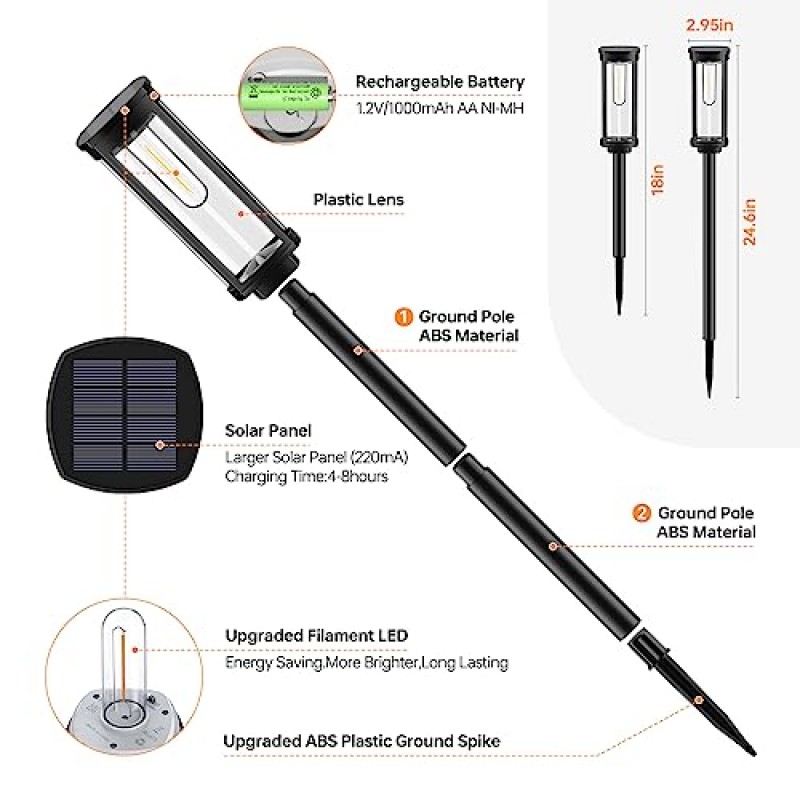BITPOTT 태양열 실외 조명 통로, 4 팩 방수 통로 조명 태양열 전원, 마당 잔디 파티오 장식용 외부 오래 지속되는 태양 광 정원 산책로 조경 조명