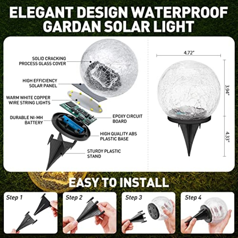 정원 태양광 깨진 유리 공 야외 장식용 방수 LED 통로 파티오 마당 잔디밭, 따뜻한 흰색 2구(4.7