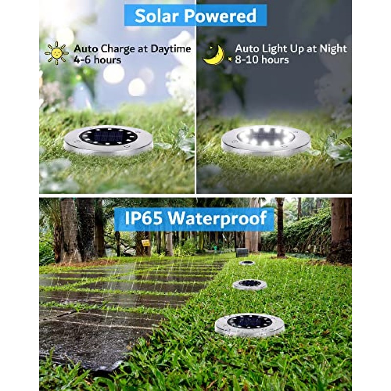 Biling 태양광 실외 조명 12 팩, 밝은 12 LED 태양광 지상 조명 방수, 평면 통로 조명 마당 산책로 정원 진입로용 태양광 발전(흰색)
