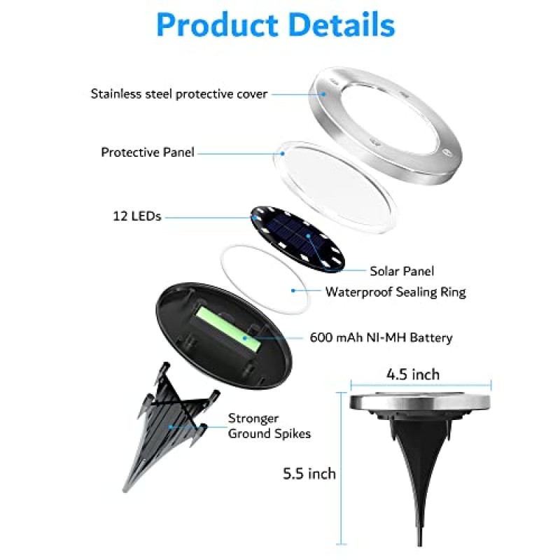 Biling 태양광 실외 조명 12 팩, 밝은 12 LED 태양광 지상 조명 방수, 평면 통로 조명 마당 산책로 정원 진입로용 태양광 발전(흰색)