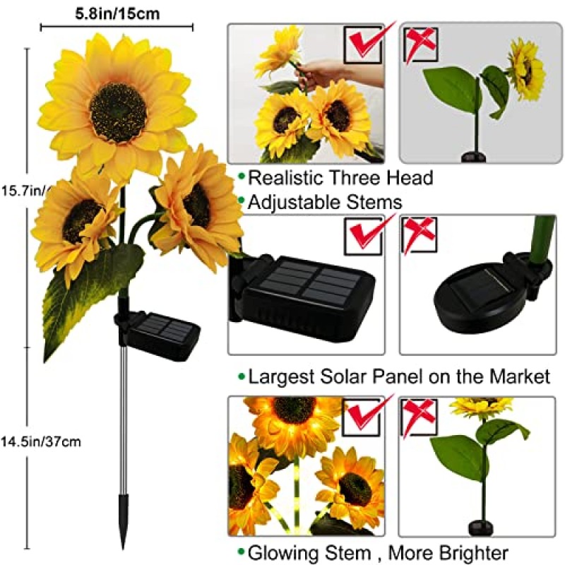 3 팩 태양 광 조명 야외 정원 장식 3 LED 해바라기 노란색 꽃 조명, 파티오 잔디 정원 마당 통로에 대 한 방수 태양 광 야외 조명