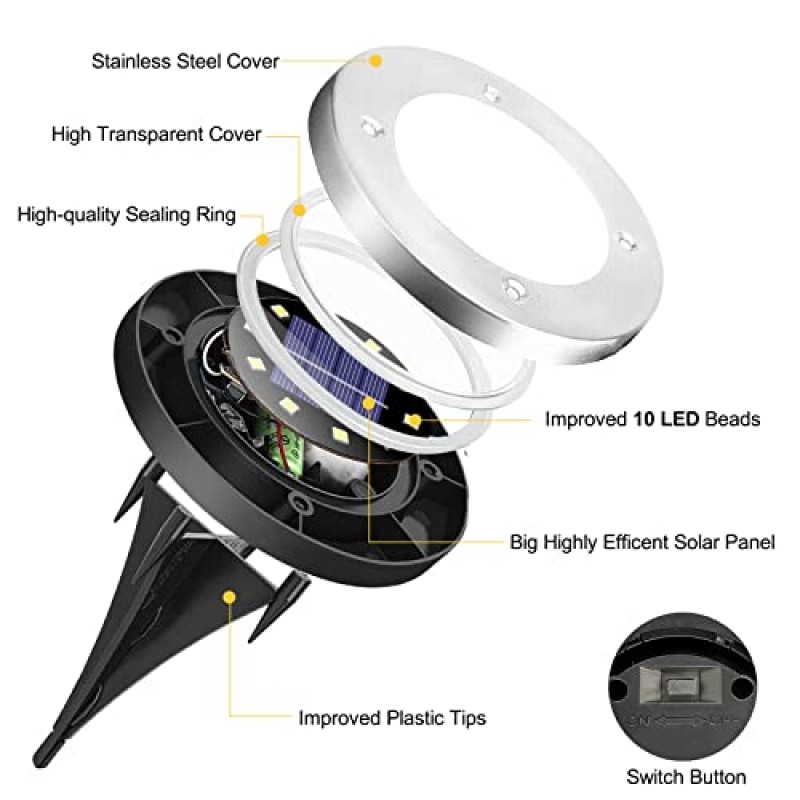 태양광 지상 조명 크리스마스 - 12팩 10 LED 태양광 조명 야외 정원 방수 보도 디스크 잔디 테라스용 지상 조경 조명 마당 통로 계단 데크 산책로 조명(흰색 12팩)