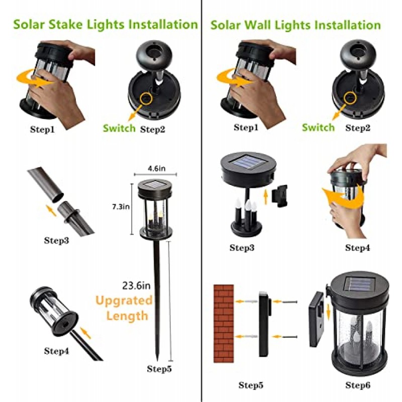 야외 정원 태양 스테이크 조명 마당, 잔디밭, 파티오, 통로, 벽 장식용 깜박이는 촛불 랜턴 조명(2팩, 검정색)