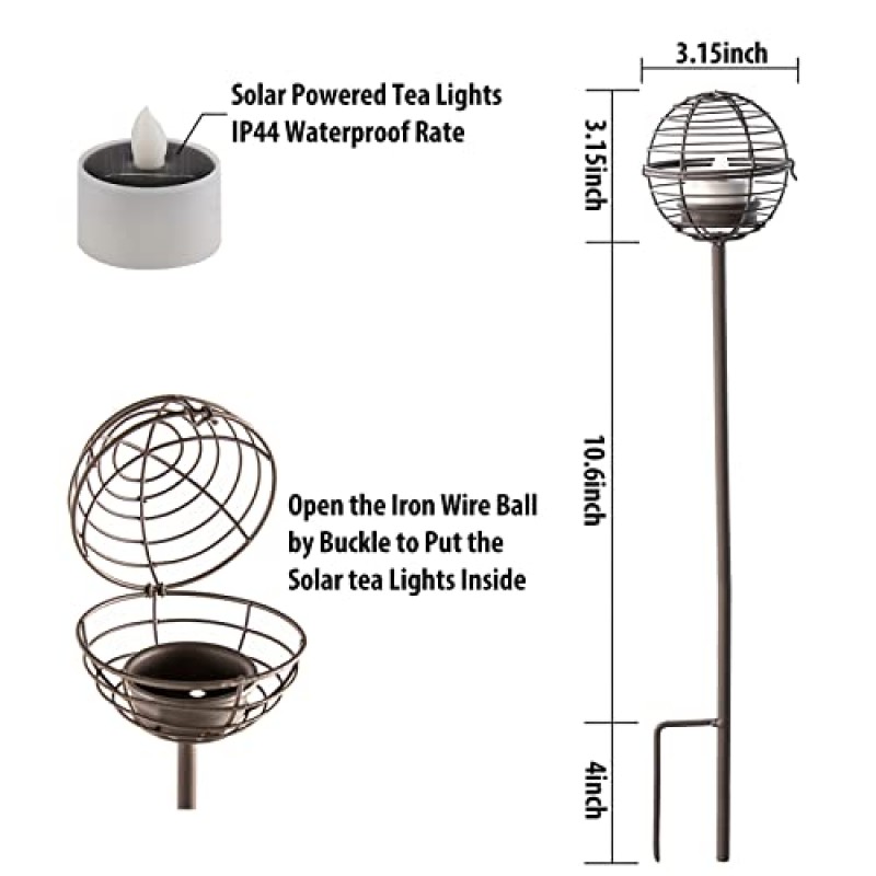 태양열 통로 조명 야외, 깜박이는 태양열 차 조명이있는 녹 철 공 캔들 홀더 스테이크, 마당 잔디 파티오 조경 장식 외부 -4 팩을위한 완벽한 장식 정원 조명