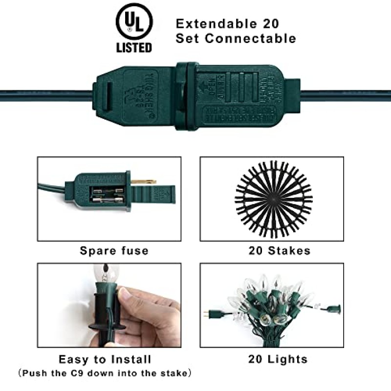 24.2피트 화염 끈 통로 조명 - 야외/실내용 말뚝 장식이 있는 C9 깜박이는 화염 끈 조명, 할로윈 장식, 정원, 파티, 녹색 와이어용 깜박이는 조명 20개로 방수 처리됨