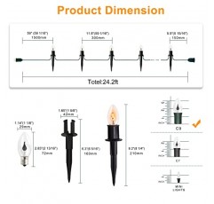24.2피트 화염 끈 통로 조명 - 야외/실내용 말뚝 장식이 있는 C9 깜박이는 화염 끈 조명, 할로윈 장식, 정원, 파티, 녹색 와이어용 깜박이는 조명 20개로 방수 처리됨