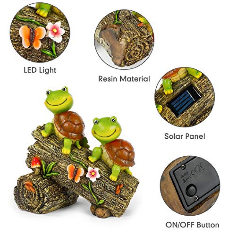 WOGOON 정원 거북이 인형 야외 장식, 4개의 LED 조명이 있는 태양열 구동 달콤한 개구리 얼굴 거북이 수지 동상, 정원 예술 봄 가을 겨울 파티오 잔디밭을 위한 크리스마스 장식