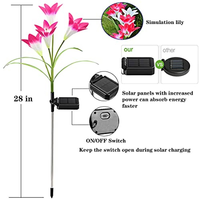 ZYLiWoo-태양 꽃 조명, 6 팩 야외 백합 꽃 조명, 멀티 컬러 변경 LED 24 꽃 백합 꽃 태양 정원 말뚝 꽃 조명, 파티오, 잔디, 정원, 마당 장식용