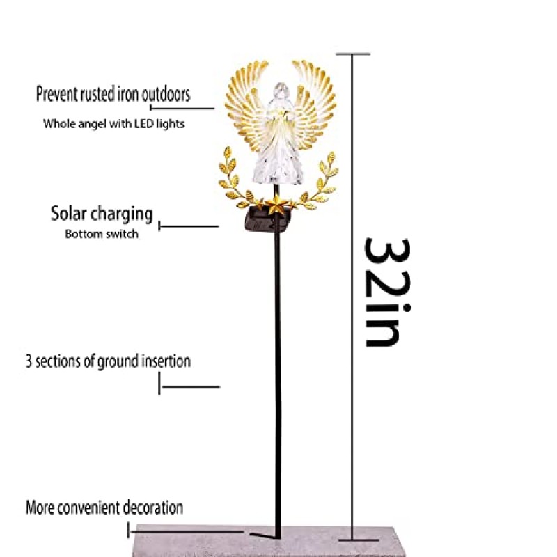 태양 정원 스테이크 조명 금속 천사 야외 조명 - 태양 천사 조명 천사 기념 선물 및 묘지 무덤 정원 파티오 야드 잔디 장식으로 완벽