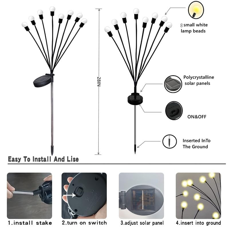 태양열 정원 조명 2 팩 8 LED 새로운 업그레이드 2 모드 태양열 반딧불 조명 안뜰 테라스 잔디 보도 길가 크리스마스 장식에 대한 야외 방수 (2 팩 반딧불 조명 (따뜻한 흰색))