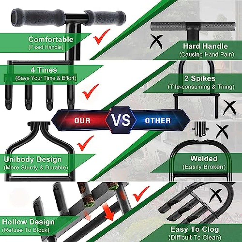 EEIEER 잔디 통풍기 코어링 도구, 수동 플러그 코어 통풍기 및 청소 도구, 잔디밭 정원 및 압축 토양용 중공 슬롯 4개가 있는 업그레이드된 마당 통풍 도구, 37.6'