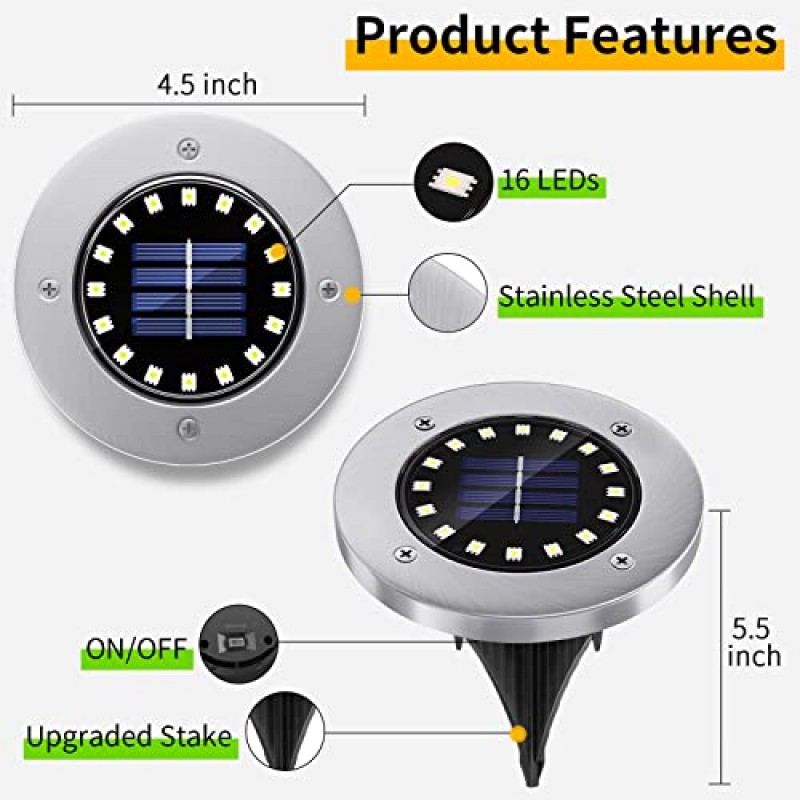 NFESOLAR 태양광 야외 조명 16 팩, 16 LED 밝은 태양광 지상 조명 통로용 야외 방수 정원 마당 잔디 산책로 진입로(흰색 16 팩)