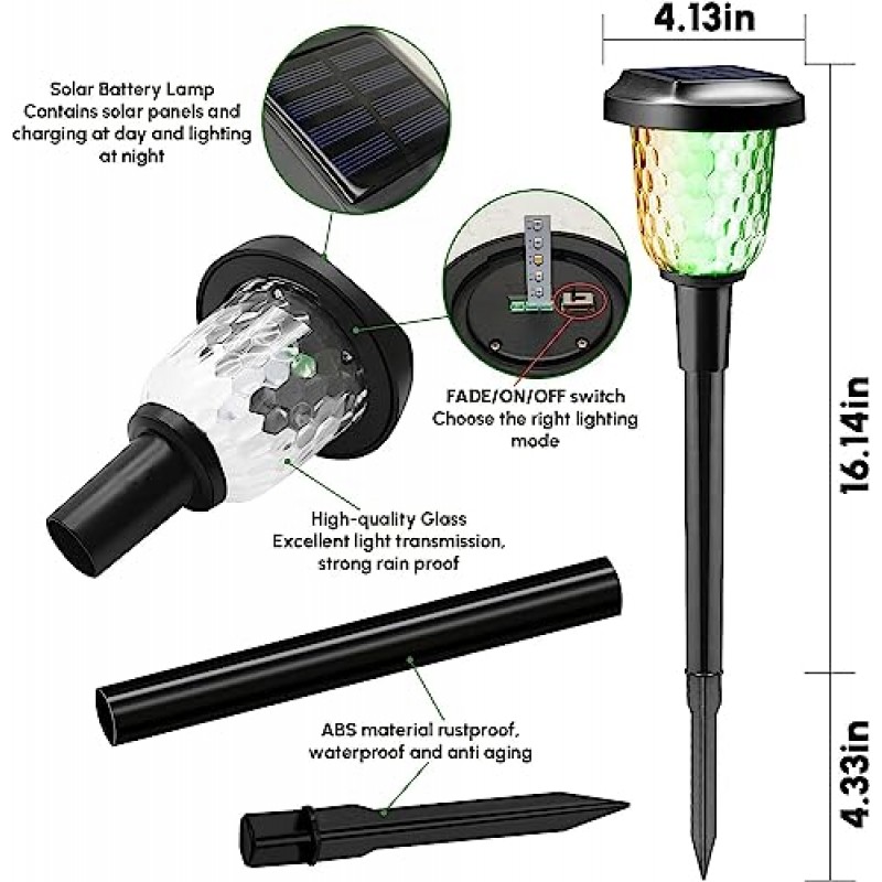 태양열 야외 정원 조명 방수 밝은 유리 장식 통로 조명 자동 켜기/끄기 태양광 경로 조명 야외 파티오 산책로 뒷마당 잔디밭 풍경 장식용 동적 패턴 조명(6 팩)