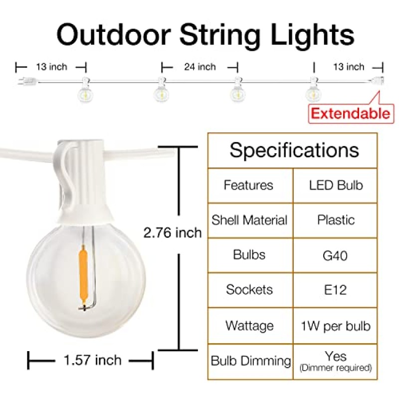 DAYBETTER LED 실외 조명 50FT 흰색, 방수 글로브 LED 파티오 조명, 에디슨 빈티지 전구, 마당 베란다 비스트로에 연결 가능한 실외 조명