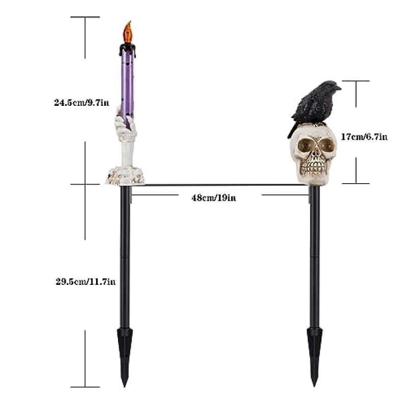 할로윈 야외 장식 태양광 조명, 5팩 두개골 양초 조명 + 검은 까마귀가 있는 두개골 태양광 조명, 말뚝이 있는 방수 태양 유령 조명, 잔디밭 정원을 위한 멋진 할로윈 장식