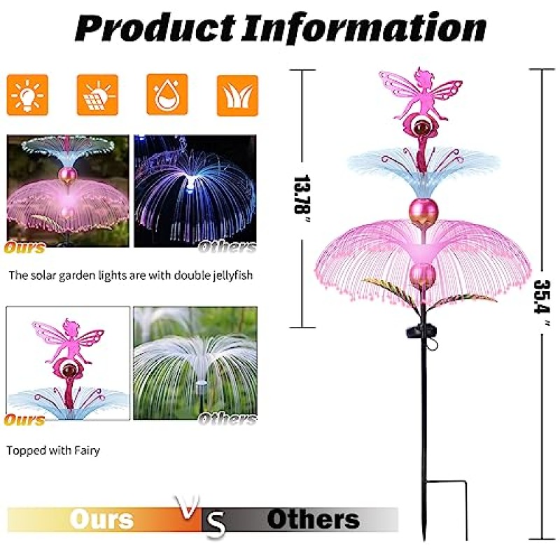 태양광 정원 조명 야외 장식 - 태양광 야외 조명 이중 해파리와 요정 태양광 꽃 조명 정원, 잔디, 파티오, 마당 장식용 방수 태양광 스테이크 조명(2 팩)