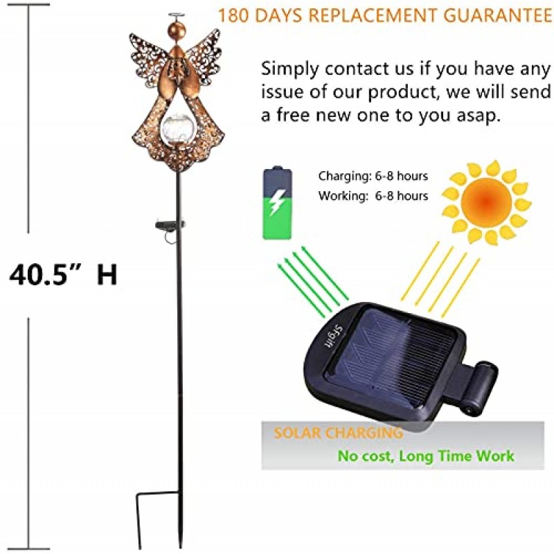 Starryfill 태양 정원 스테이크 조명 야외 청동 천사 딱딱 유리 글로브 스테이크 금속 조명 정원 잔디 파티오 또는 안뜰에 대 한 방수 따뜻한 흰색 LED