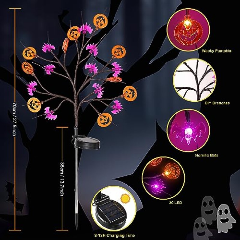 Enhon 8 모드 할로윈 야외 태양광 잔디 조명, 2 팩 40 LED 호박 박쥐 스테이크 조명 정원, 방수 내장 타이머 오렌지 보라색 통로 조명 할로윈 정원 마당 통로 장식