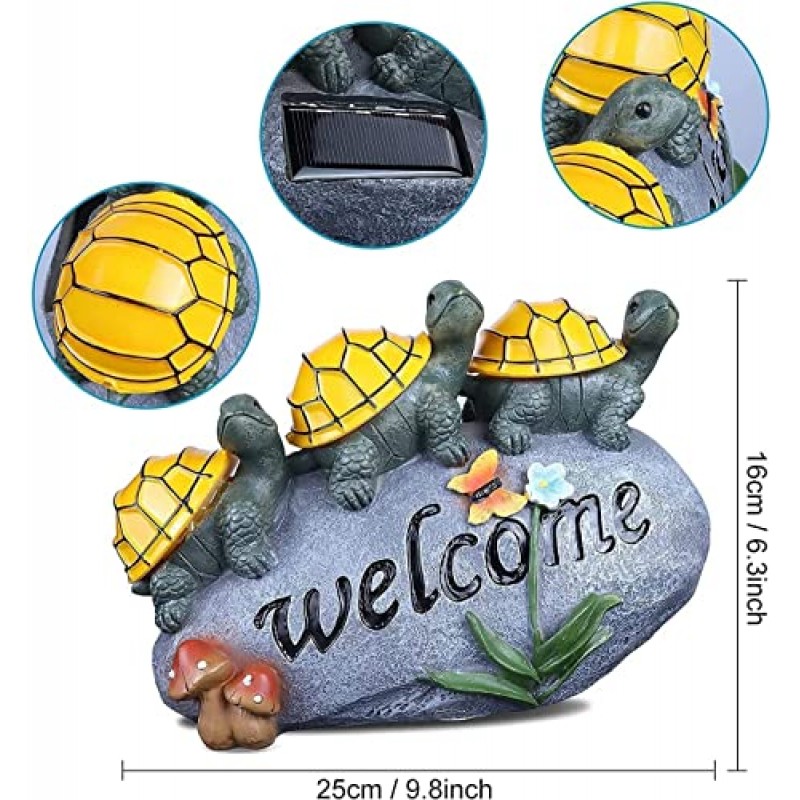 태양 정원 거북 석상 빛, 3 개의 따뜻한 LED 조명이있는 야외 태양 거북 돌 장식, 잔디 안뜰 뒷마당을위한 방수 입상 동물 조명