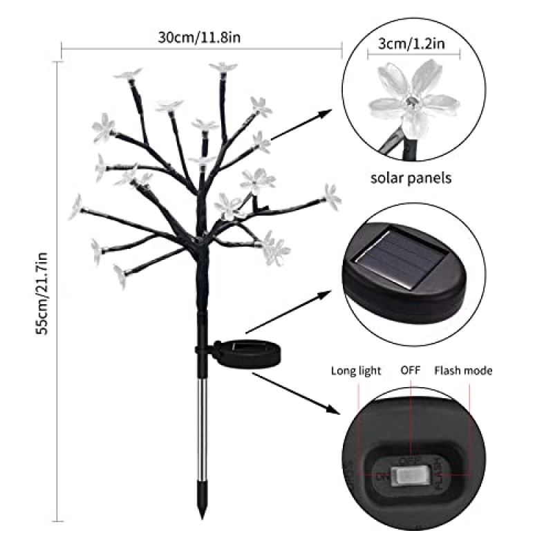 Anordsem 태양광 야외 장식, 자동 ON-OFF 기능이 있는 태양광 정원 장식 조명, 야드 파티오 잔디 정원 장식용 멀티 컬러 변경 나무 모양 체리 전구 2팩