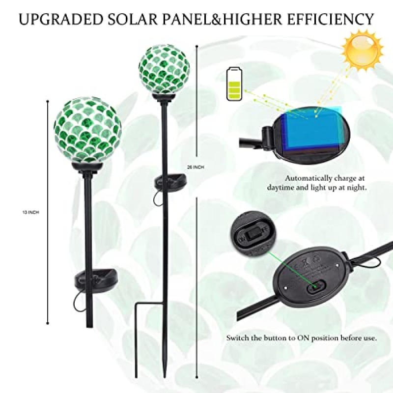 VCUTEKA 태양광 조명 야외 장식, 모자이크 태양광 정원 조명 Waterpoof LED 통로 스테이크 조명 조경 잔디 파티오 마당 장식, 녹색 1 팩