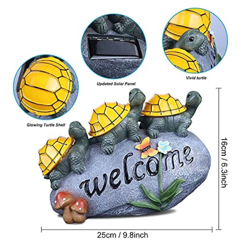 태양 정원 동상 거북이 야외 조명 - 바위 위의 거북이 환영 태양열 전원 LED 야외 정원 장식품, 실내 야외 마당 동상 장식, 추수감사절 크리스마스 1 팩